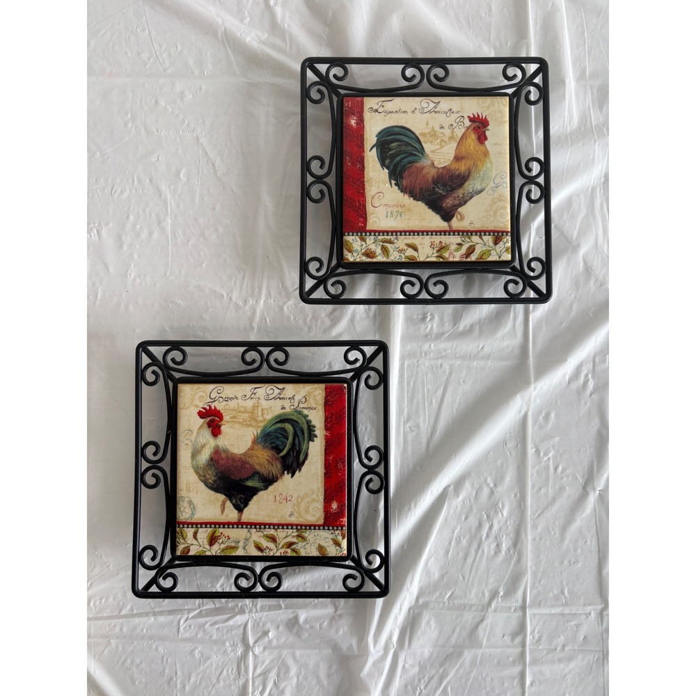 New View Rooster Wall Art Set 2 French Country Farmhouse Black Metal Frame 8.5in